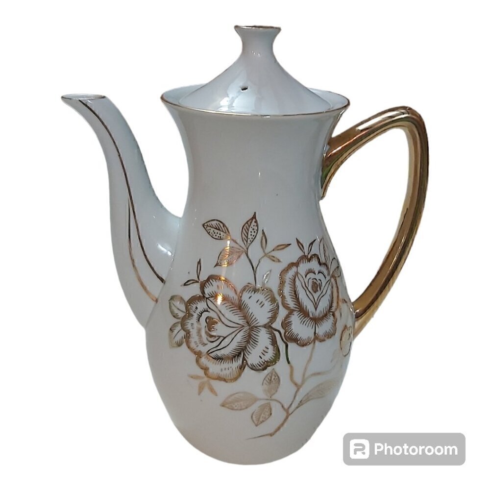 Oakwood Japan Hand-Painted Porcelain Teapot with Gold Gilt Floral Design